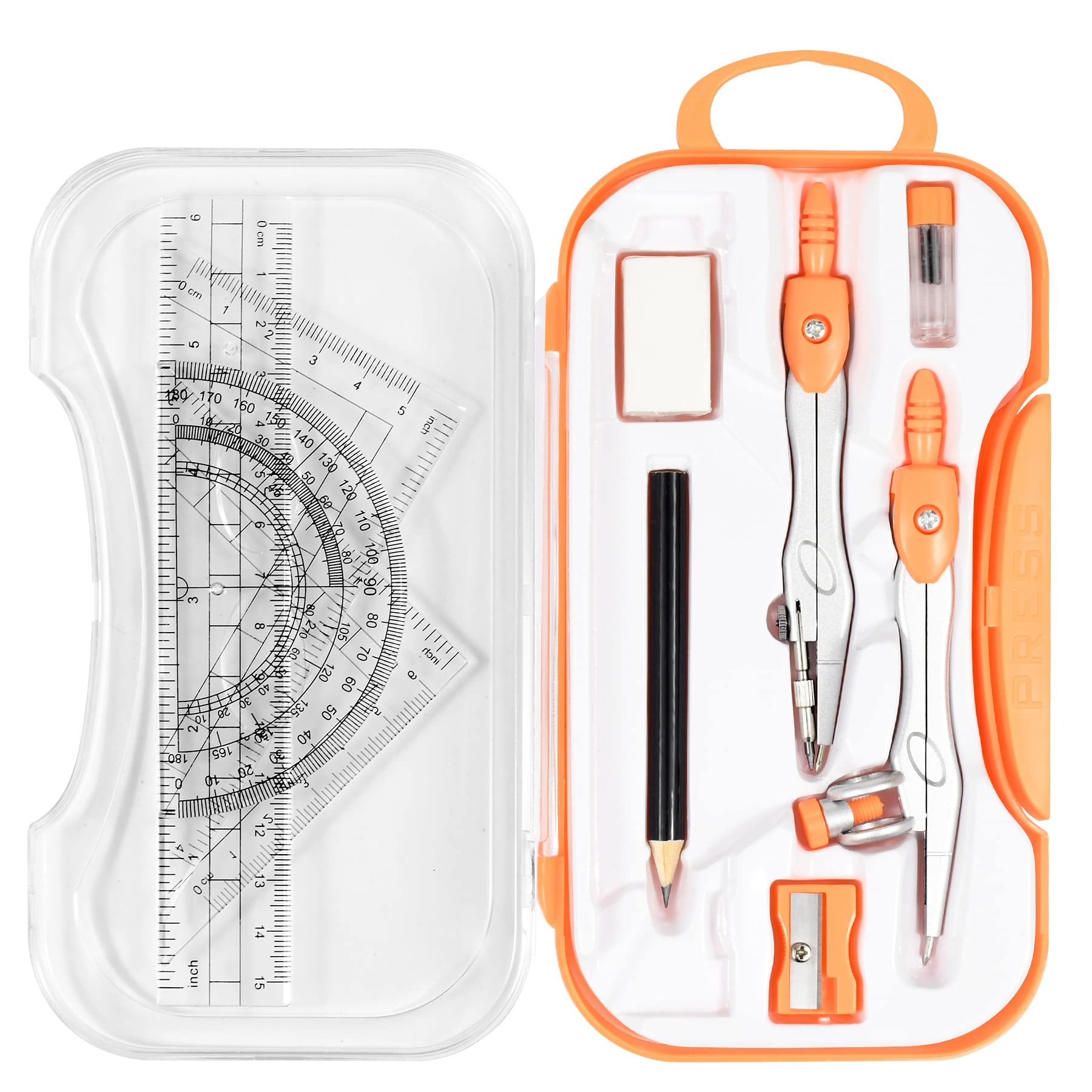 Math Geometry Kit Sets 10 Piece Student Supplies with Shatterproof Storage Box,Includes Rulers,Protractor,Compass,Eraser,Pencil Sharpener,Lead Refills,Pencil,for Drafting and Drawings(Green)